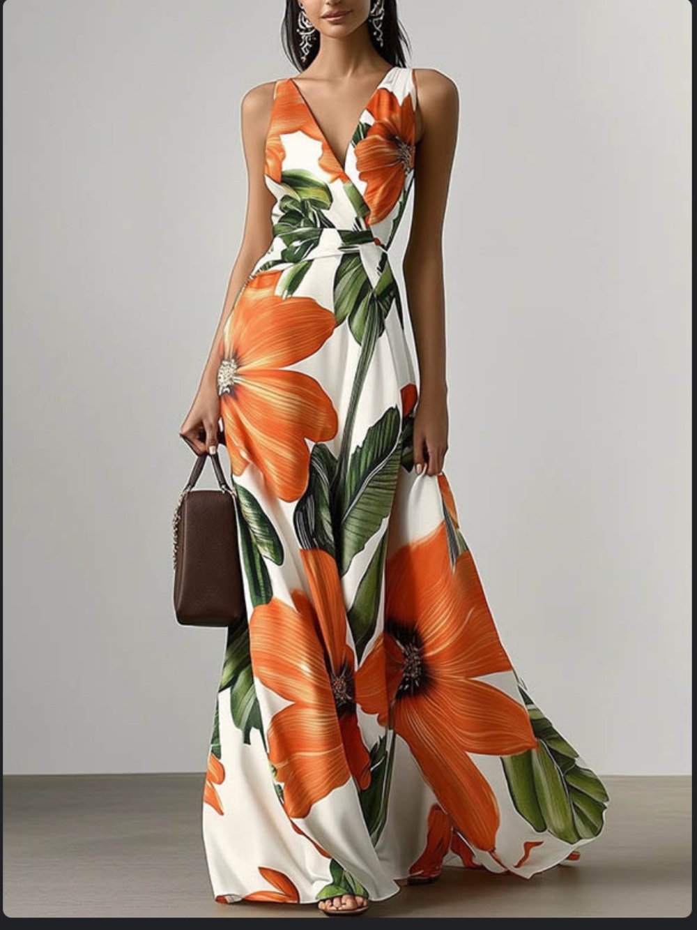 Floral V-Neck Maxi Dress in Orange and White, XL (Like New)